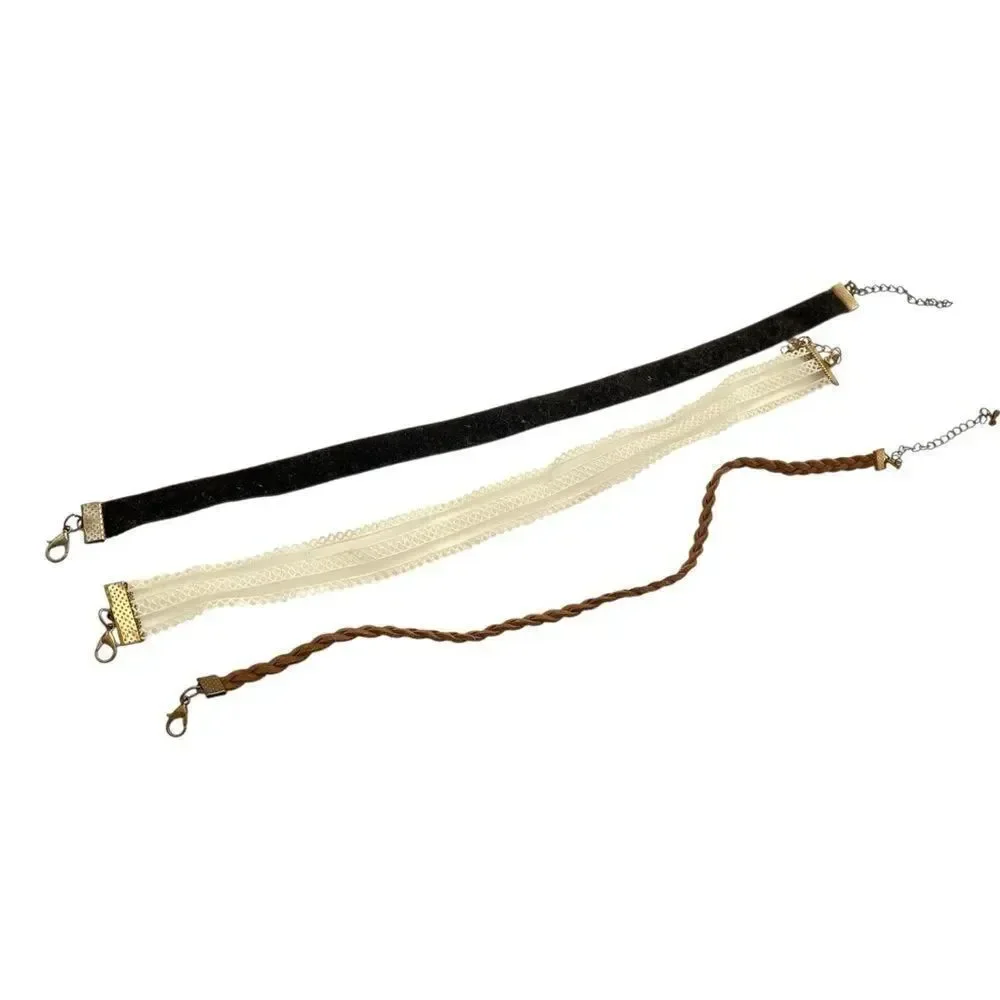 Set of Three Choker Necklaces in Black, Cream, and Brown